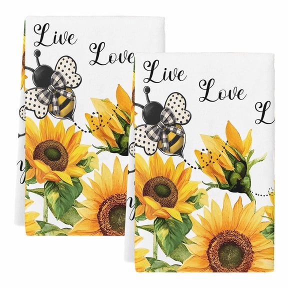 Sunflower Bee Kitchen Towels Set of 2, Absorbent Microfiber Dish Tea Towels with Hanging Loop, Vintage Yellow Floral Farmhouse Watercolor Resuable Hand Towel for Home Kitchen Cooking Cleaning 18"x28"