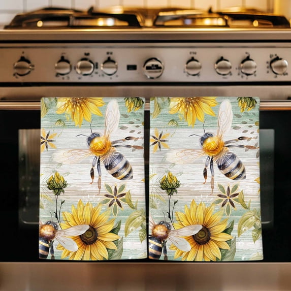 Sunflower Bee Kitchen Towels Set of 3, Vintage Summer Botanical Farmhouse Absorbent Dish Towels for Kitchen, Microfiber Hand Towel, Quick Drying Tea Towel for Cleaning Decorative Dishcloths