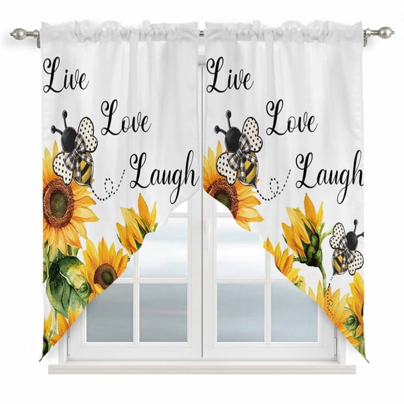 Sunflower Bee Kitchen Window Curtains, Swag Curtains Valance for Bedroom Living Room Bathroom, Vintage Yellow Floral Farmhouse Watercolor Rod Pocket Window Curtain Block Drapes 2 Panels 28"x36"