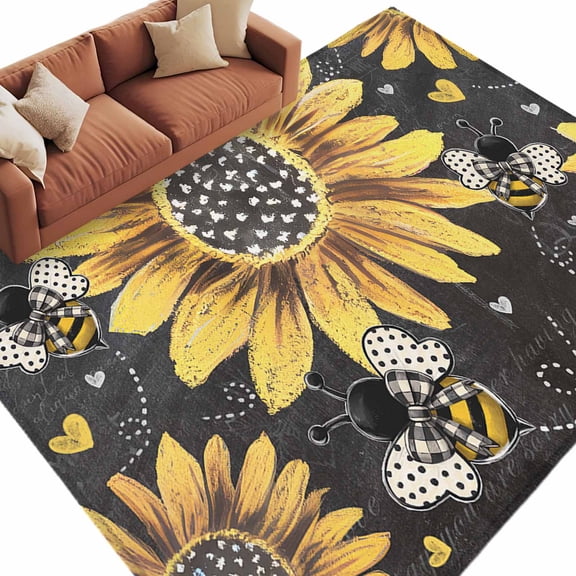 Sunflower Bee Large Area Rugs for Bedroom Living Room, Soft Non Slip Carpet Bedside Rug, Black Yellow Farm Flower Spring Summer Rectangular Floor Cover Kitchen Accent Rug 6'x9' for Dining Room/Office