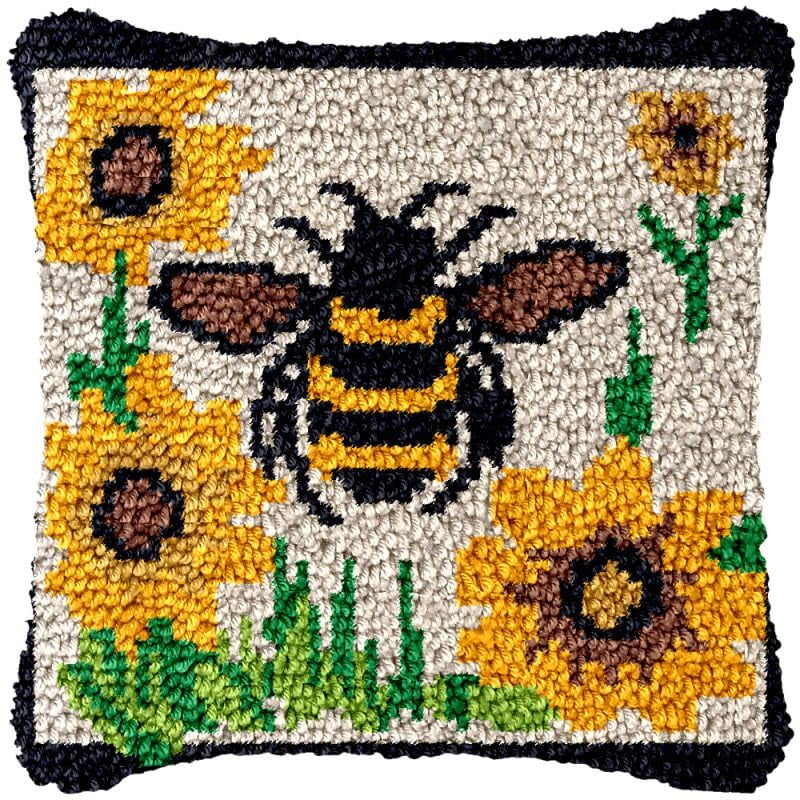 Sunflower Bee Latch Hook Pillow Cover Kits for DIY Handmade Throw Pillow Cross Stitch Latch Hook Pillowcase Rug Kits with Preprinted Color Pattern Canvas Crochet Yarn Kits 17''X 17''(bs10)