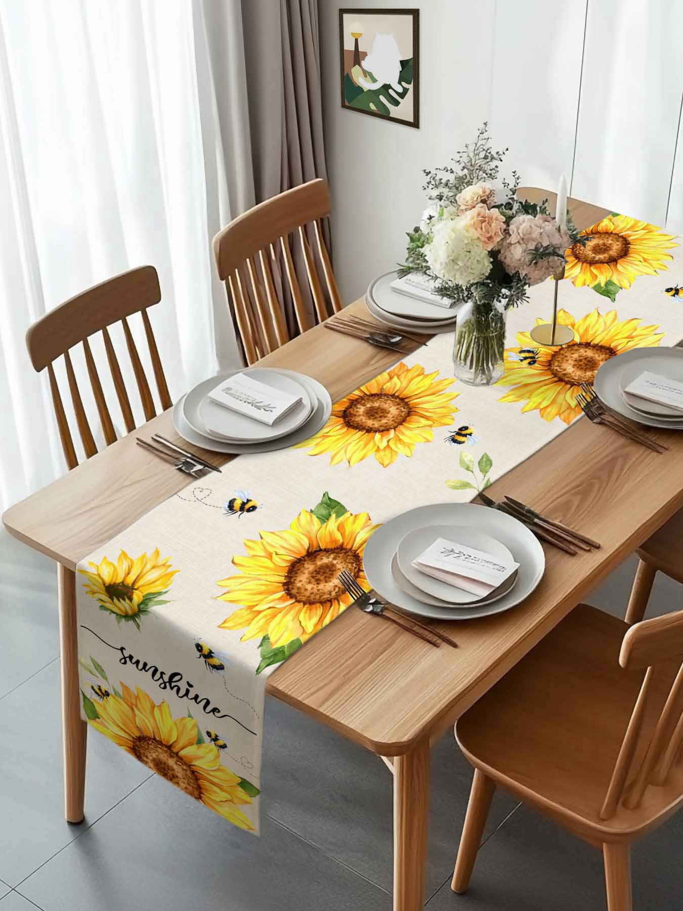 Sunflower Bee Leaves on Linen Table Runner 90 Inches Long, Summer Sunshine Quote Table Runners Tabletop Scarf Kitchen Dining Tables Decoration for Home Party Indoor Outdoor