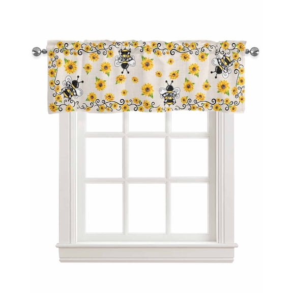 Sunflower Bee Linen Curtain Valance for Bedroom/Bathroom/Kitchen/Living/Dining Room Window,Vintage Farmhouse Yellow Spring Summer Floral Pocket Topper Drapes Decorative Cafe Drapery Panel 54"x18"