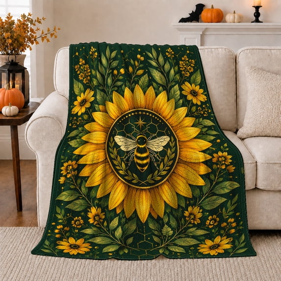 Sunflower Bee Medallion with Honeycomb Leaves, Cheerful Botanical Art for Bee Lovers, Garden Pollinator Motif Cozy Flannel Blanket, Mother's Day Gift for Sunroom and Reading Nook Home Decor