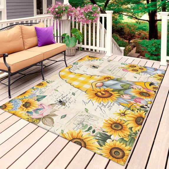 Sunflower Bee Outdoor Rug 5x7 Ft, Non Slip Washable Area Rug, Summer Gnomes Hydrangea Floral Patio Rugs Carpet Runner, Large Floor Mat for Indoor/Outdoor Deck Porch Camping