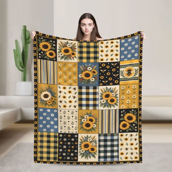 Sunflower Bee Patchwork Blanket Gift Floral Farmhouse Rustic Home Decor Cozy Soft 50x40 in