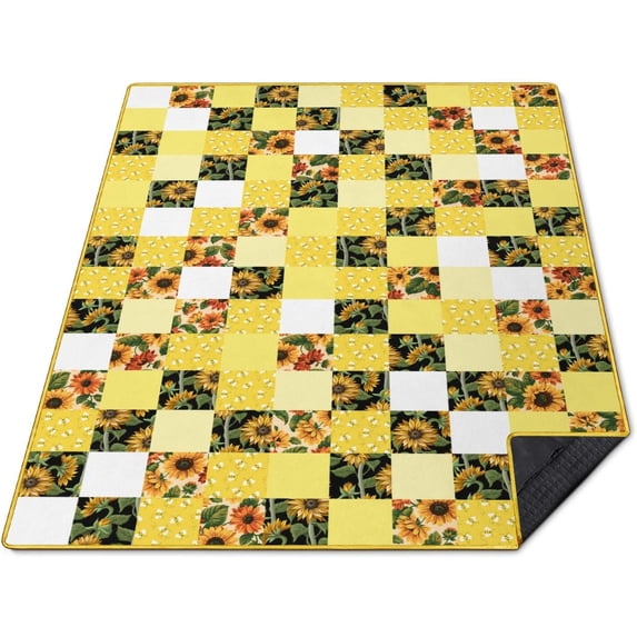 Sunflower Bee Picnic Blanket Waterproof Foldable Extra Large Picnic Mat Beach Blanket 60"x80" for Camping Beach Hiking Patio Party Outdoor Decor Gifts