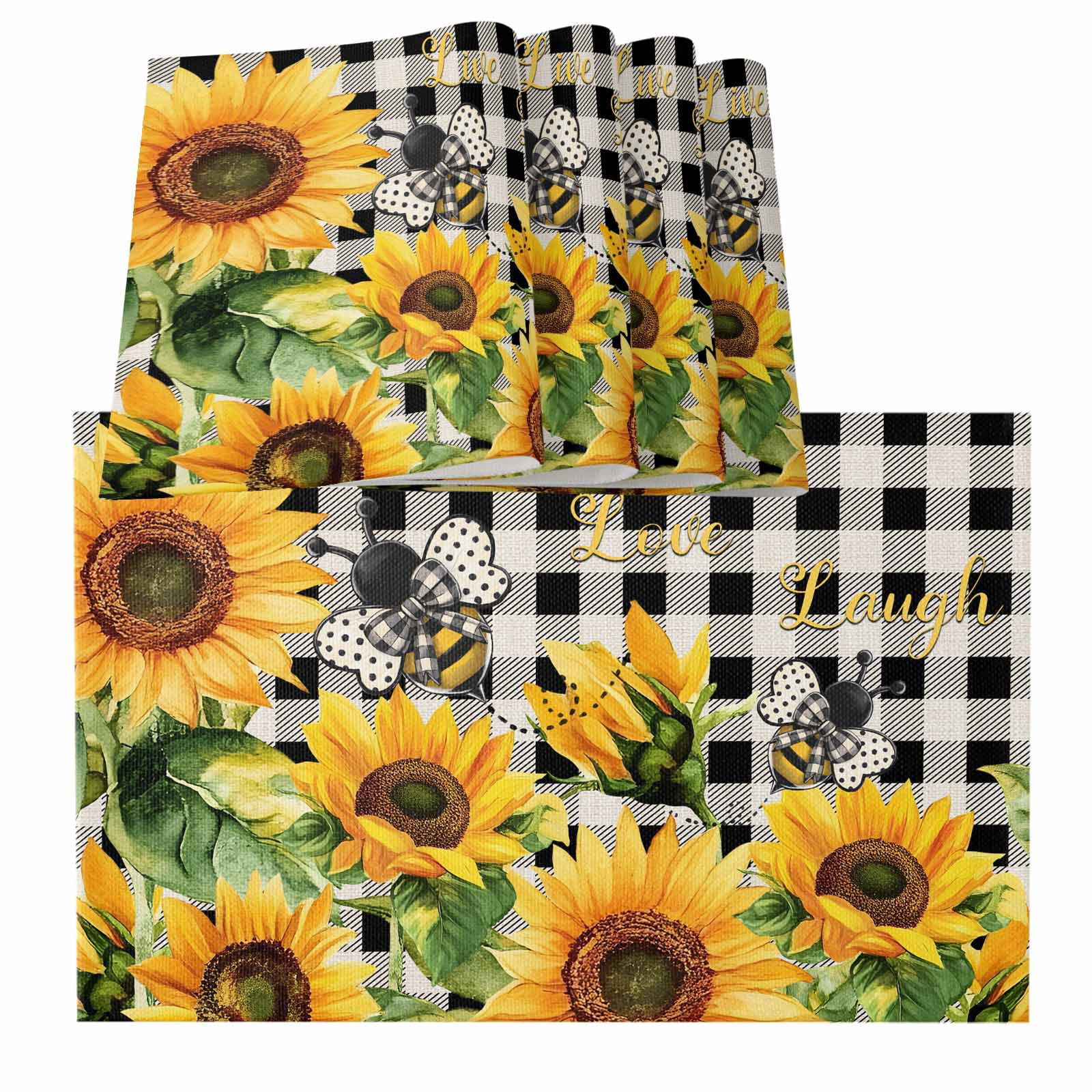Sunflower Bee Placemats for Dinning Table Set of 6, Black Buffalo Plaid ...