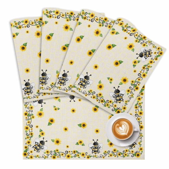 Sunflower Bee Placemats Set of 1 Country Summer Floral Bee Nest Linen Texture Place Mats Washable Table Mats for Party Kitchen Dining Decoration, 13 X 19 Inch