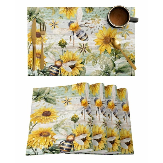 Sunflower Bee Placemats Set of 4, Vintage Summer Botanical Farmhouse Placemats for Dining Table, Place Mats for Kitchen Tabletop, Waterproof Wipeable Dining Table Mats Set