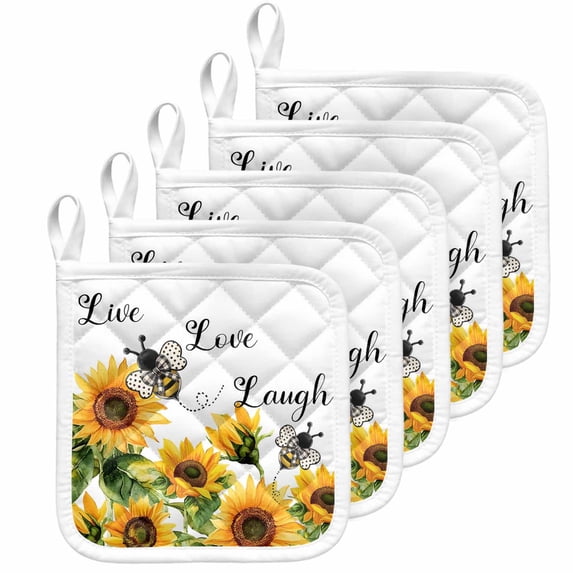 Sunflower Bee Pot Holders for Kitchen Heatproof Potholder, 5 Pack Vintage Yellow Floral Farmhouse Watercolor Hot Pads Multipurpose Oven Pads Cloth Potholders Trivet for Cooking Baking