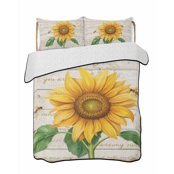 Sunflower Bee Quilts Bedding Set Queen Size Yellow Floral Wood Grain Farmhouse Vintage Lightweight Quilted Bedspread 3 Piece Bed Quilt with 2 Pillow Shams All Season for Bedroom 78" x 90"