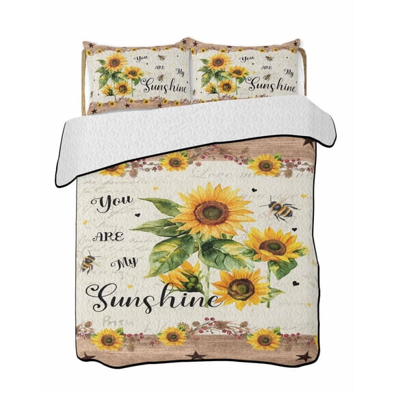 Sunflower Bee Quilts Bedding Set Queen Size You Are My Sunshine Lightweight Quilted Bedspread 3 Piece Bed Quilt with 2 Pillow Shams All Season for Bedroom 78" x 90"