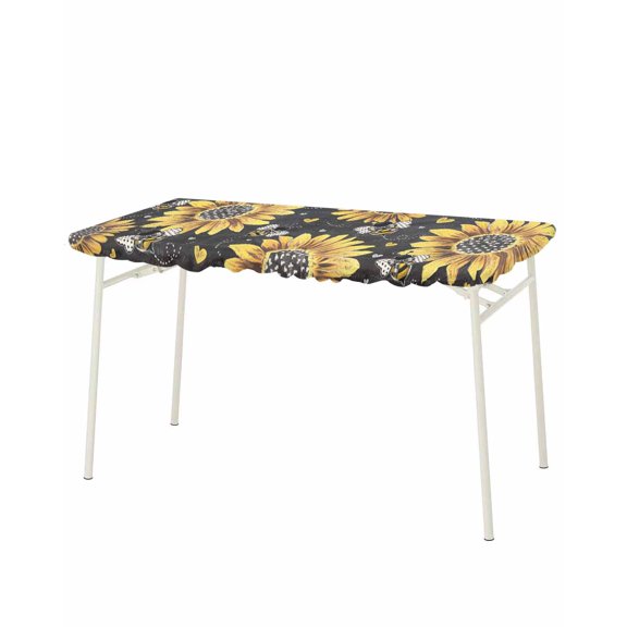 Sunflower Bee Rectangle Tablecloth, Waterproof Elastic Fitted Table Covers for 8 Foot Tables, 32x96inch Decorative Tablecloths for Picnic, Camping, Outdoor, Black Yellow Farm Flower Spring Summer