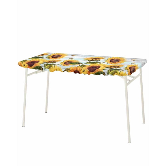 Sunflower Bee Rectangle Tablecloth, Waterproof Elastic Fitted Table Covers for 8 Foot Tables, 32x96inch Decorative Tablecloths for Picnic, Camping, Outdoor, Blue Striped Spring Farm Botanical Art