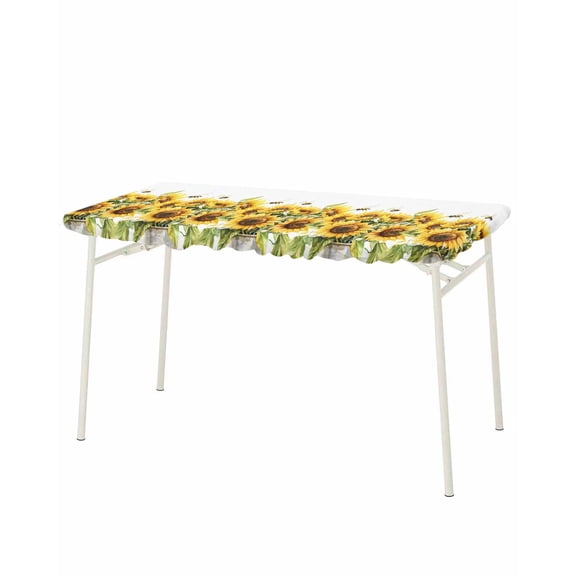 Sunflower Bee Rectangle Tablecloth, Waterproof Elastic Fitted Table Covers for 8 Foot Tables, 32x96inch Decorative Tablecloths for Picnic, Camping, Outdoor, Watercolor Yellow White Summer Spring