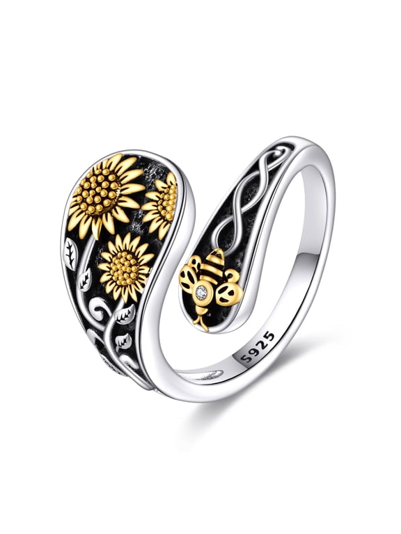 Sunflower Bee Rings for Women Sterling Silver Sunflower Spoon Ring You Are My Sunshine Flower Jewelry Gift (7, bee)