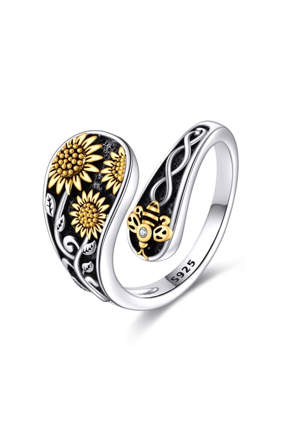 Sunflower Bee Rings for Women Sterling Silver Sunflower Spoon Ring You Are My Sunshine Flower Jewelry Gift (7, bee)
