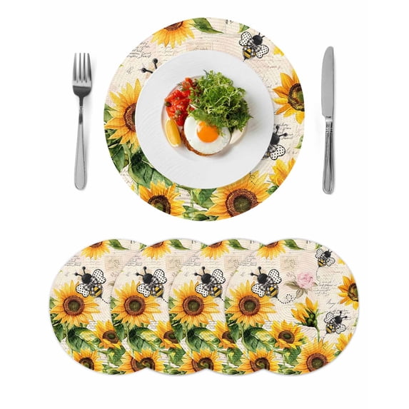 Sunflower Bee Round 13 Inch Placemats Set of 4, Yellow Botanical Vintage Rose Floral Spring HeatResistant Non Slip Place Mats for Dining Table, Wipeable Braided Kitchen Table Mats for Housewarming