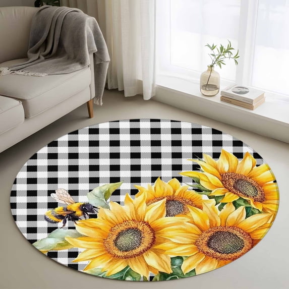 Sunflower Bee Round Area Rug 4 FT, Non Slip Indoor Outdoor Rug, Black White Lattice Yellow Floral Flower Washable Soft Circular Carpet Non-Shedding Floor Mat for Coffee Table Nursery Foyer Balcony
