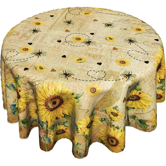 Sunflower Bee Round Tablecloth 60inch Yellow Flower Vintage Floral Style Circle Table Cover Wrinkle Free Shabby Chic Cabin Circular Table Cloth Washable for Kitchen Dining Farmhouse Decor