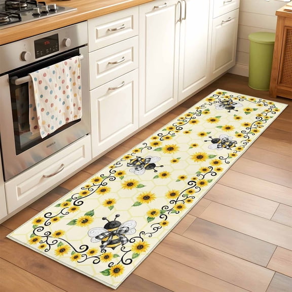 Sunflower Bee Runner Rugs 2x6 ft Country Summer Floral Bee Nest Yellow Washable Hallway Rugs Non-Slip Floor Mats Absorbent Carpet Bedside Runners for Bedroom Kitchen Bathroom Laundry Room