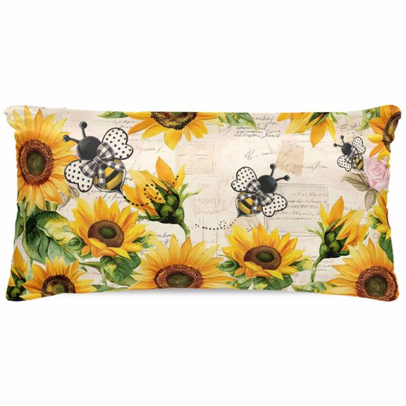 Sunflower Bee Satin Pillowcase for Hair and Skin with Zipper, Soft Breathable Cooling Silk Pillow Cases, Yellow Botanical Vintage Rose Floral Spring Throw Pillow Covers King Size 20"x40"
