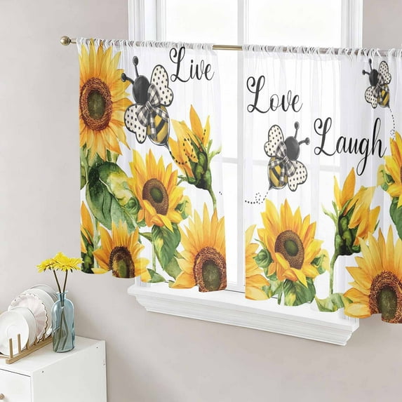 Sunflower Bee Semi Sheer Window Curtains 54 Inches Long, Vintage Yellow Floral Farmhouse Watercolor Rod Pocket Voile Silky Chiffon Curtain Light Filtering Drapes for Living Room, 52"x54", 2 Panels