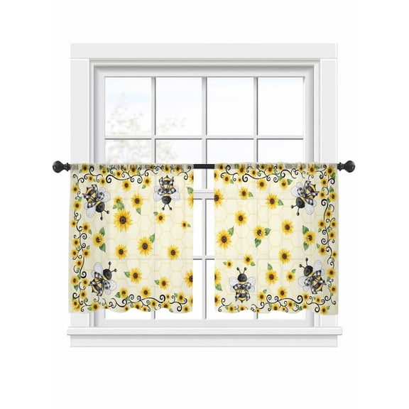 Sunflower Bee Sheer Curtains 2 Panels Set Country Summer Floral Bee Nest Yellow Sheer Window Curtains Light Filtering Rod Pocket Voile Drapes for Bedroom Living Room 52"x54"