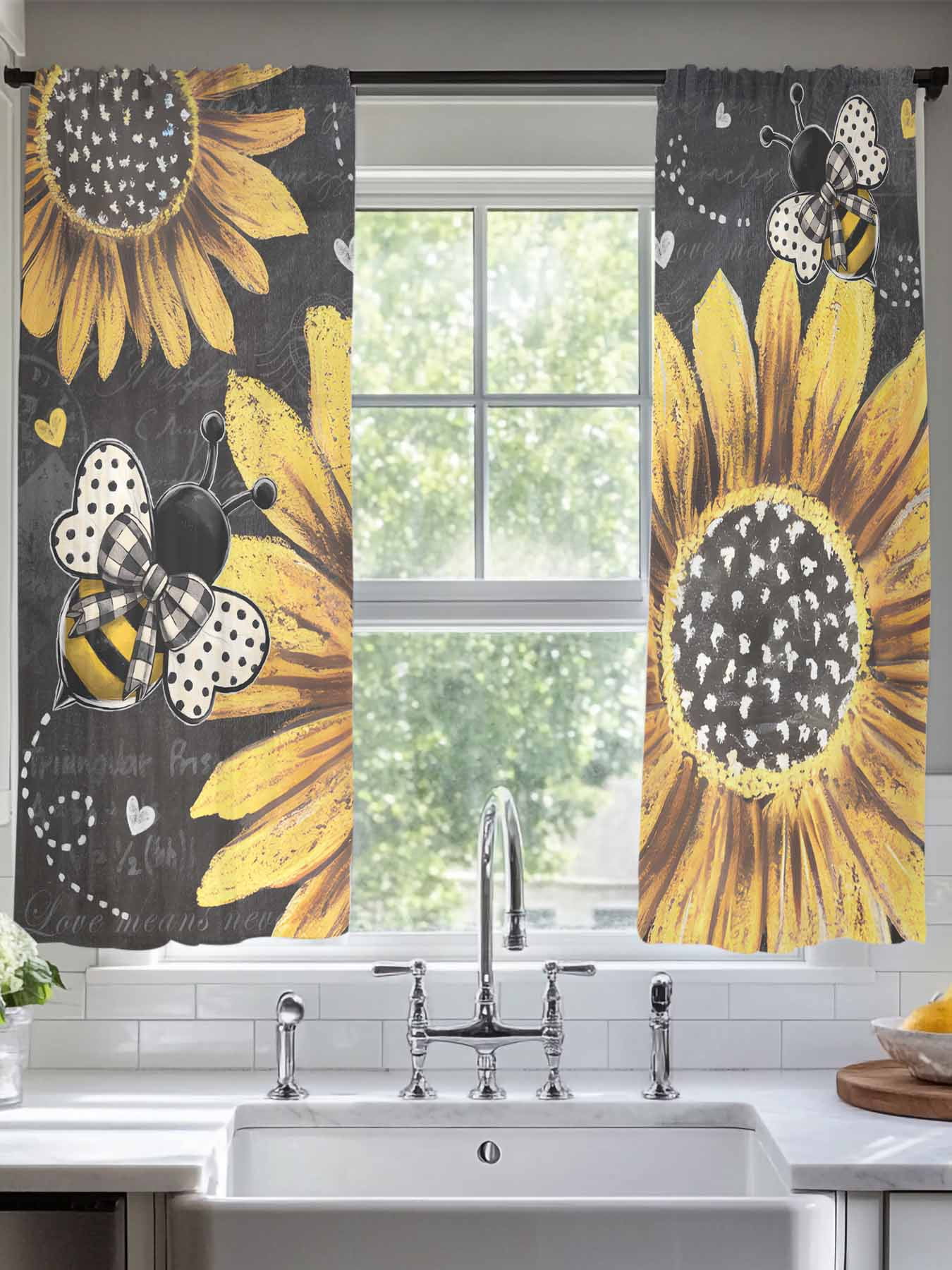 Sunflower Bee Sheer Curtains for Living Room Bedroom Black Yellow Farm ...