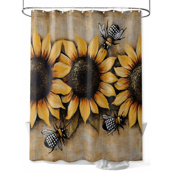Sunflower with Bee Shower Curtain, Sunflower Retro Linen Pastoral Waterproof Shower Curtain Set with 12 Hooks Lightweight Washable Fabric Shower Curtains for Bathroom 72x78 Inches