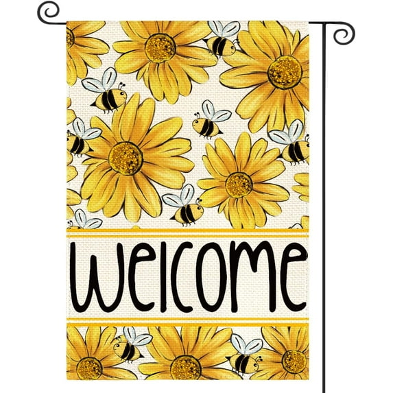 Sunflower Bee Spring Summer Garden Flag 12x18 Inch Double Sided Outside, Welcome Seasonal Yard Outdoor Flag