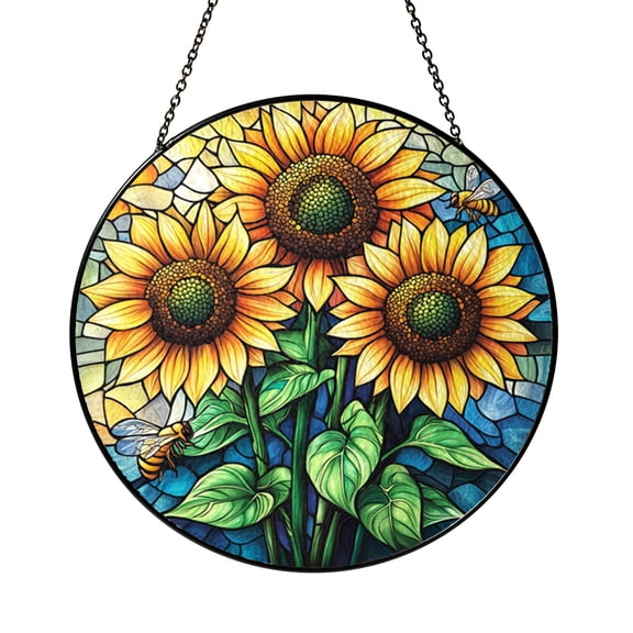 Sunflower and Bee Stained Glass Suncatcher Window Decor, Garden Inspired Floral Insect Design, Bright Light Catcher Hanging Accent, Cheerful Nature Home Gift