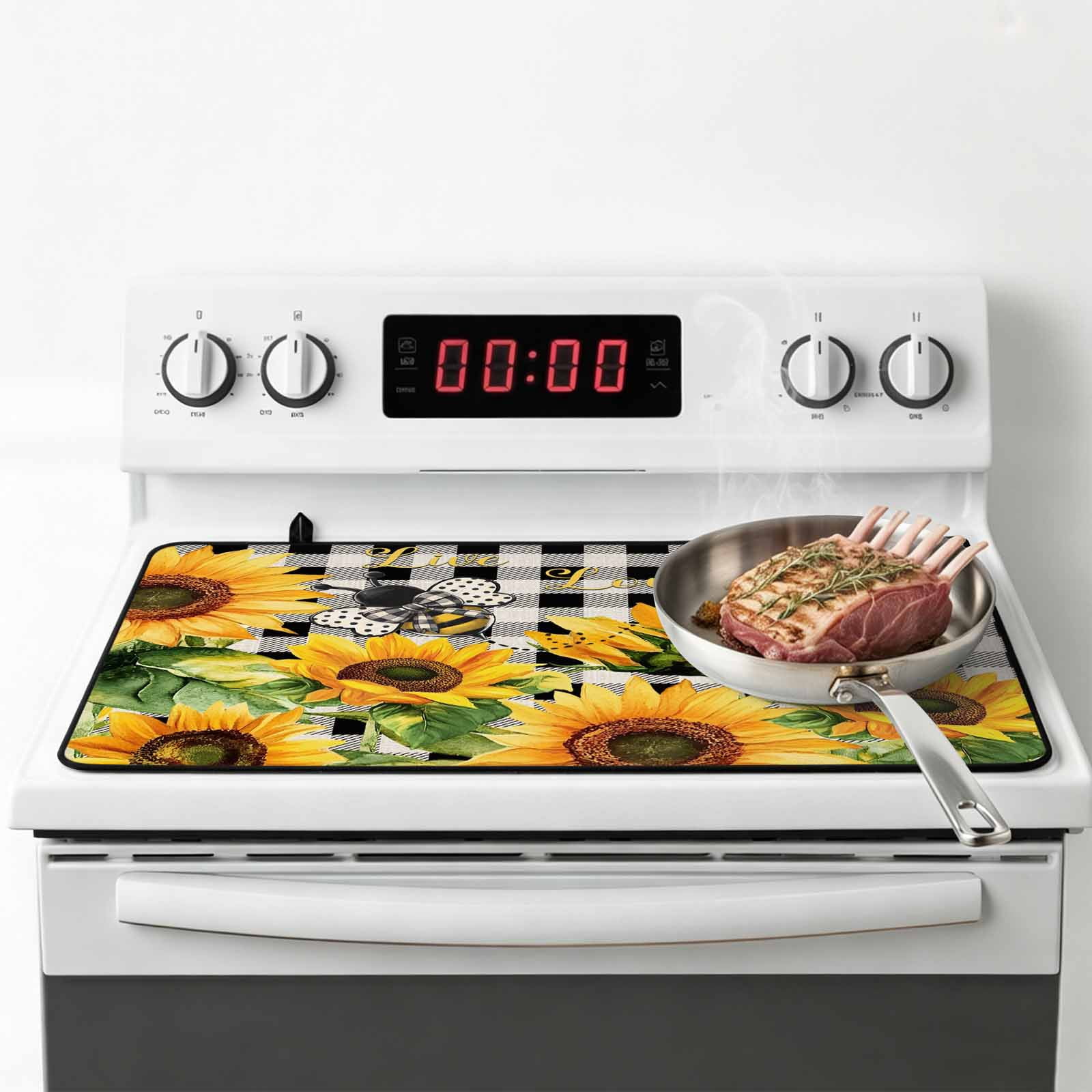Sunflower Bee Stove Top Cover for Electric Stove, Heat-proof & Non Slip Glass Top Stove Cover Protector, Black Buffalo Plaid Botanical Leaf Floral Kitchen Flat Cooktop Rubber Mat 28.5x20.5 Inches