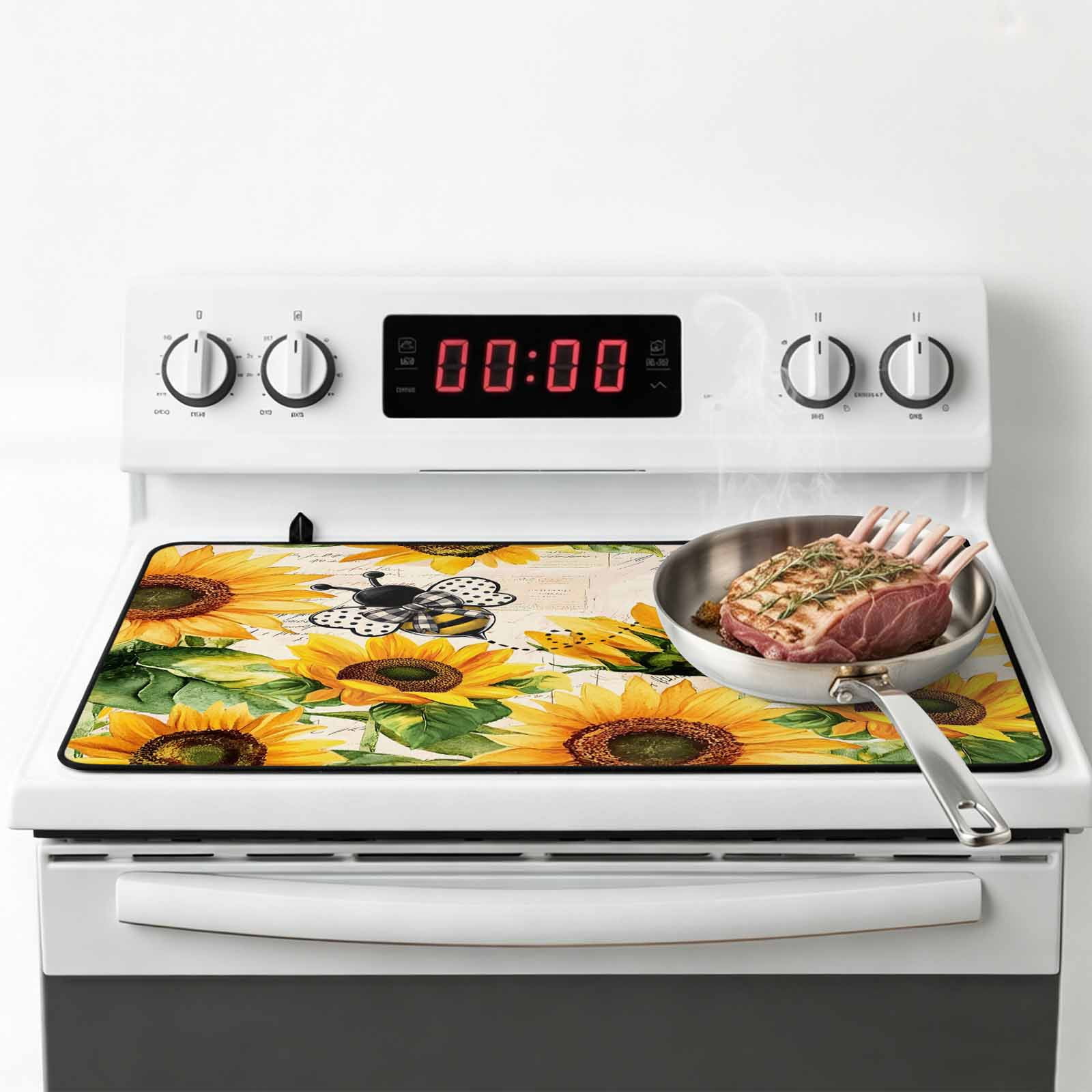 Sunflower Bee Stove Top Cover for Electric Stove, Heat-proof & Non Slip Glass Top Stove Cover Protector, Yellow Botanical Vintage Rose Floral Spring Kitchen Flat Cooktop Rubber Mat 24x21 Inches
