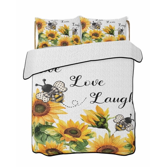 Sunflower Bee Summer Quilt Set Queen Size,Soft Quilted Bedding Set with 2 Pillow Shams,Vintage Yellow Floral Farmhouse Watercolor Lightweight All Season Bedspread Coverlet for Bedroom 90"x96"