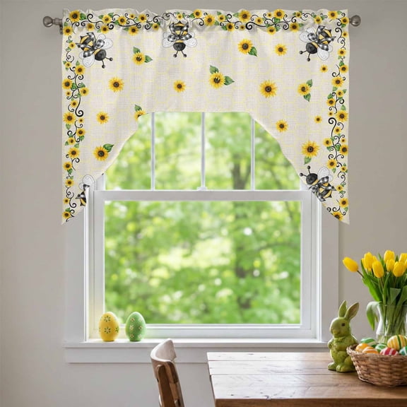 Sunflower Bee Swag Valances for Kitchen Window, Country Summer Floral Bee Nest Linen Texture Small Swag Valances Rod Pocket Curtain Drapes Window Treatment for Bedroom Bathroom, 56x36 Inch