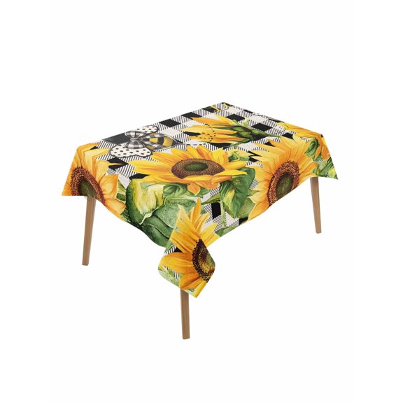 Sunflower Bee Table Cloth, Black Buffalo Plaid Botanical Leaf Floral Waterproof Tablecloth for Rectangle Tables, Reusable Washable Fabric Table Cover for Restaurant Kitchen Dining Tables 60"x84"