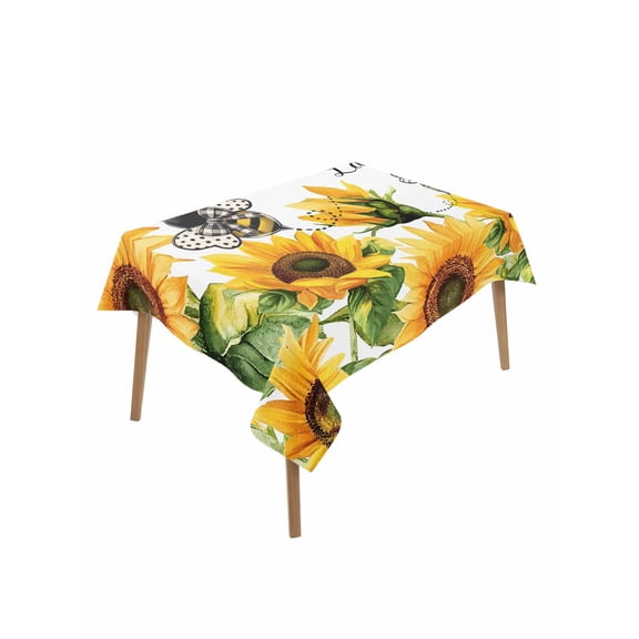 Sunflower Bee Table Cloth, Vintage Yellow Floral Farmhouse Watercolor Waterproof Tablecloth for Rectangle Tables, Reusable Washable Fabric Table Cover for Restaurant Kitchen Dining Tables 60"x84"