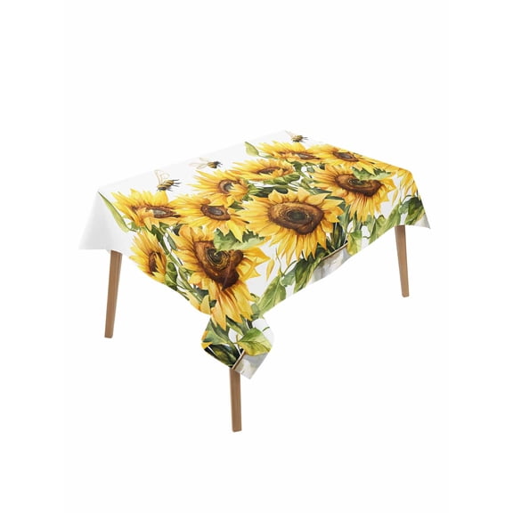 Sunflower Bee Table Cloth, Watercolor Yellow White Summer Spring Waterproof Tablecloth for Rectangle Tables, Reusable Washable Fabric Table Cover for Restaurant Kitchen Dining Tables 52"x70"