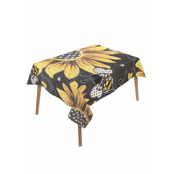 Sunflower Bee Table Cloth, Waterproof Tablecloth for Rectangle Tables, Black Yellow Farm Flower Spring Summer Reusable Washable Fabric Table Cover for Restaurant Kitchen Dining Tables 52"x70"