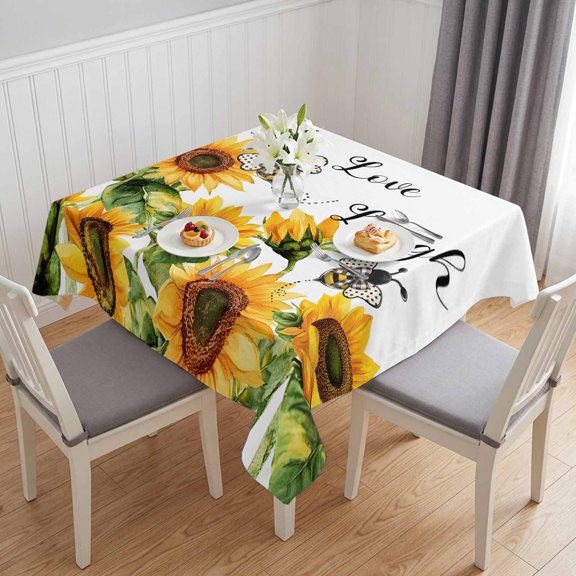 Sunflower Bee Table Cloth Waterproof Tablecloths, Vintage Yellow Floral Farmhouse Watercolor Tablecloth Dining Table Cover for Kitchen Party Tabletop Outdoor, Square Tablecloth 54x54 Inch