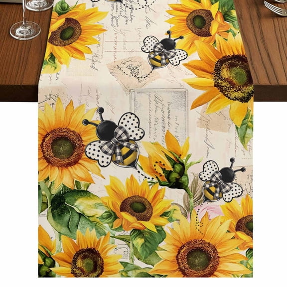 Sunflower Bee Table Runner 72 Inches Long,Yellow Botanical Vintage Rose Floral Spring Cotton Linen Table Runners Dresser Scarves,Fabric Tabletop Scarf Furniture Cover for Home Dinner Party 13"x72"