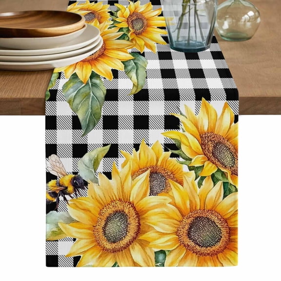 Sunflower Bee Table Runner, Black White Lattice Yellow Floral Flower Washable Cotton Linen Table Runners 36 Inches Long, Dresser Scarf Runner for Nightstand/End Tables/Round Tables 13''x36''