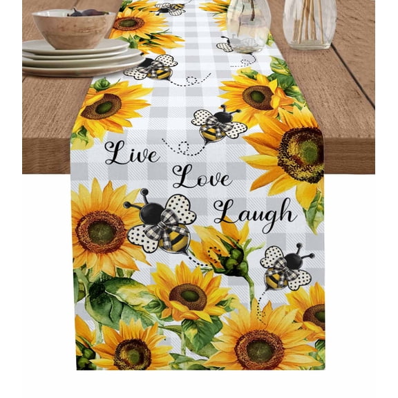 Sunflower Bee Table Runner Cotton Linen 60 Inch Holiday Dresser Scarves,Grey Buffalo Checkered Botanical Floral Tablerunner for Kitchen Coffee Dining Bedroom Living Room Dinner Scarf Décor 13''x60''