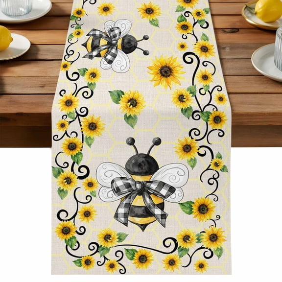 Sunflower Bee Table Runner, Country Summer Floral Bee Nest Linen Texture Cotton Linen Table Cloth, Tablerunner for Kitchen Dining Party Wedding Home Decor 13x36 Inch
