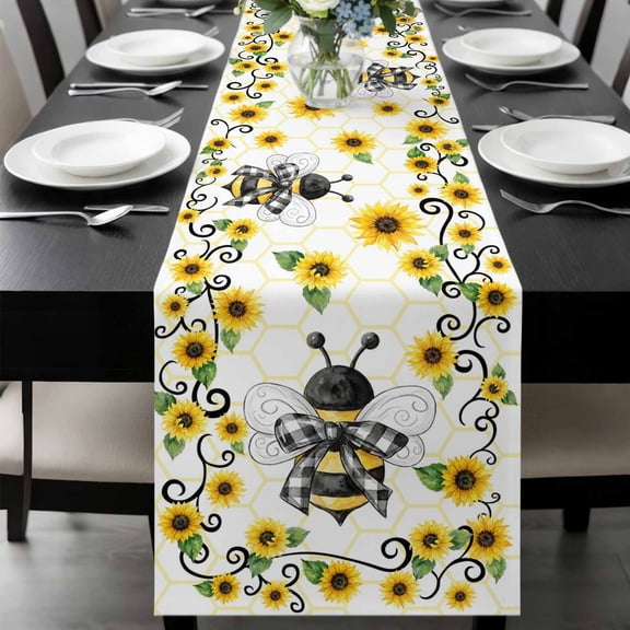 Sunflower Bee Table Runner, Country Summer Floral Bee Nest Washable Cotton-linen Table Runners Dining Kitchen Decoration for Everyday Home Wedding Party Decor, 13 x 36 Inch