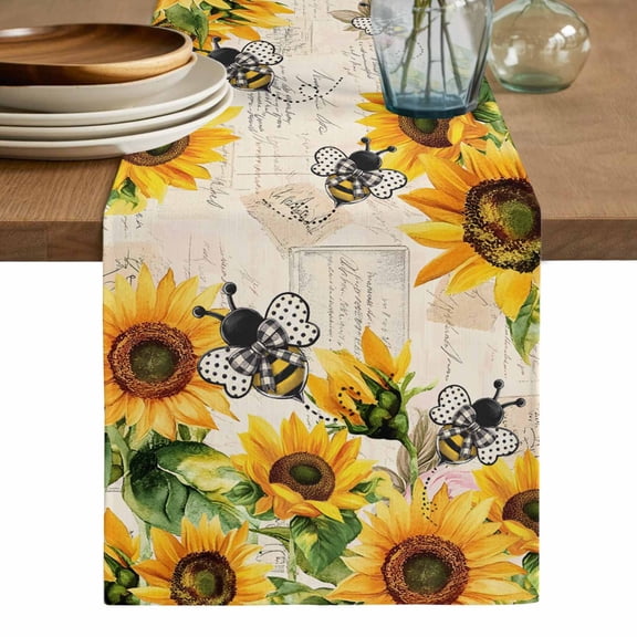 Sunflower Bee Table Runner, Yellow Botanical Vintage Rose Floral Spring Washable Cotton Linen Table Runners 36 Inches Long, Dresser Scarf Runner for Nightstand/End Tables/Round Tables 13''x36''