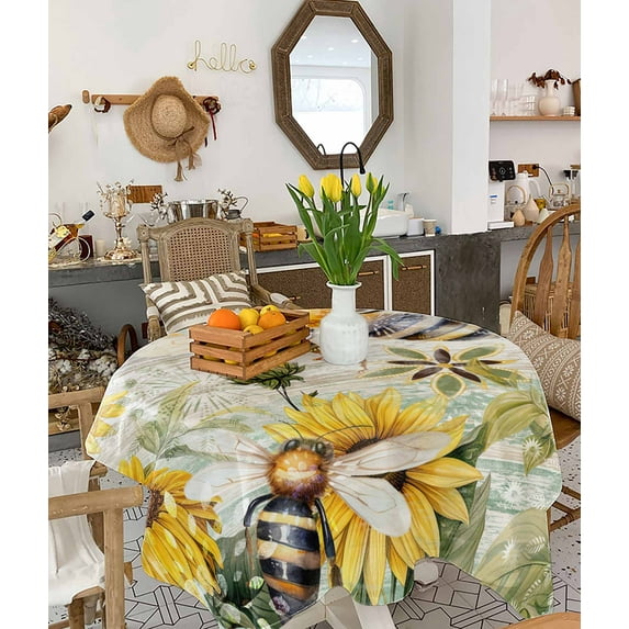 Sunflower Bee Tablecloth Square Table Cloth 60x60 , Waterproof Tablecloth Outdoor Table Cloth, Vintage Summer Botanical Farmhouse Washable Table Cover for Kitchen Dining Party