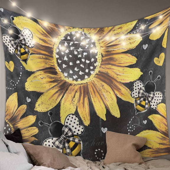 Sunflower Bee Tapestry for Bedroom Wall Hanging Tapestry, Black Yellow Farm Flower Spring Summer Ceiling Backdrop Tapestries Poster Blanket Wall Decor for Teens Room Living Room Dorm 51" x 59"